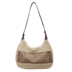 Minimalist cream straw shoulder bag with dark brown mesh overlay and thin brown straps