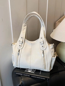Grand sac fourre-tout rétro pour femme blanc crème avec doubles fermetures éclair