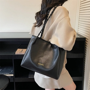 Black vintage woven tote bag with large capacity and gold TOTE BAG lettering for women
