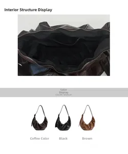Vue détaillée de l'intérieur du sac demi-lune et présentation des trois coloris variés
