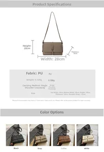 Detailed size specifications and material chart for the vintage PU leather square handbag