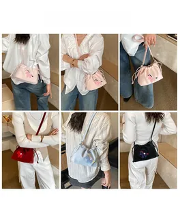Detailed views of the trendy drawstring bucket bag in multiple colors with sequin embroidery