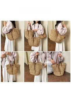 Detail shots of woven straw tote bag with brown leather straps and tie closure detail