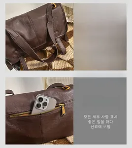 Detail of vintage brown shoulder bag showing textured faux leather and back zipper pocket