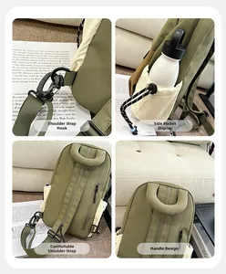 Detail view of ergonomic padded straps and side drawstring bottle pockets on backpack
