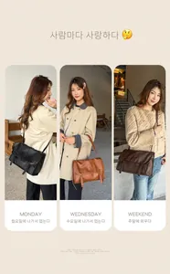 Detail view of retro leather crossbody bags in black, caramel and dark coffee colors