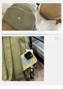 Macro detail of military green nylon backpack featuring M embroidery and rear hidden zipper pocket