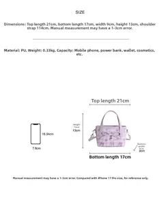 Detailed size chart for purple PU leather bucket bag with dimensions and capacity info