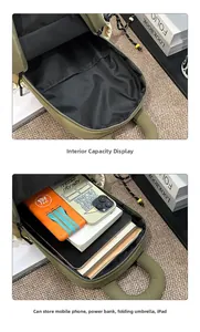 Detailed interior of olive green backpack showing storage for tablet and daily items