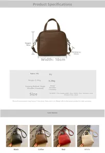 Detailed dimension chart for 18x16x10cm PU leather handbag showing strap and color options