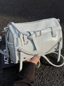 Fashion Moto Style Synthetic Leather Boston Shoulder Bag For Women Rivet Zipper Detail Vintage Crossbody Bag Daily Purse