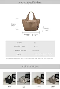 Detail specifications of canvas handbag showing four colors and dimensions data