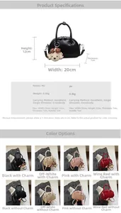 Detailed size specifications for a PU leather bowling bag with a plush dog charm detail