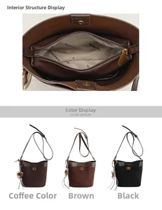 Detail view of bucket bag showing internal liner bag and three color options