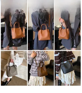Lifestyle shots showing various ways to wear the textured leather tote in four colors