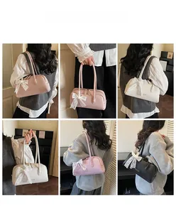 Showcase of four colorful Boston bags with lace bow details on various shoulder styles