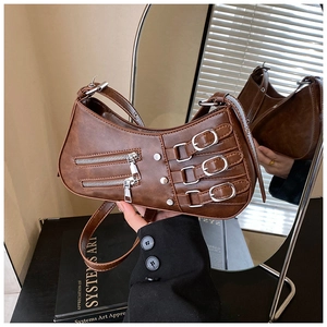 Vintage brown PU leather crescent bag with silver buckles and zippers for women
