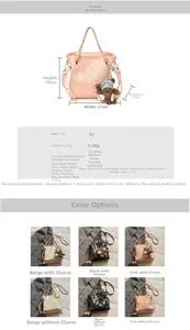 Detailed view of quilted leather bucket bag with chain strap and bear charm