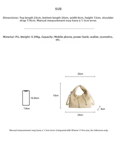 Size guide for PU dumpling bag showing 24x13x8cm dimensions and phone comparison