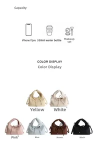 Detail view of colorful faux leather handbags showing capacity and six available colors