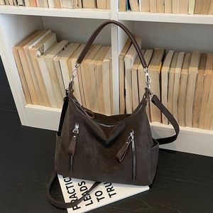 Grand sac fourre-tout marron foncé rétro avec double fermeture éclair et fini mat