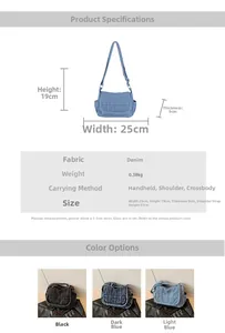 Detail view of denim crossbody bag showing dimensions and three color variations