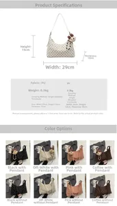 Detailed size guide and material specs for the polka dot PU leather shoulder bag