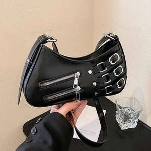 Vintage Punk PU Leather Crescent Crossbody Bag Women Metal Buckle Multi Zipper Shoulder Bag Y2K Street Underarm Bag