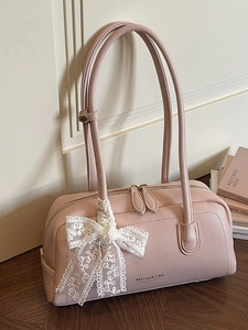 Women Minimalist Lychee Grain Synthetic Leather Boston Bag With Lace Bow Decor Casual Versatile Shoulder Underarm Handbag