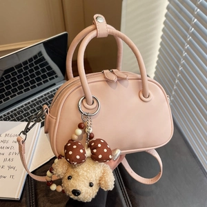 Women Minimalist Boston Bag Bowling Style PU Leather Shoulder Crossbody Bag With Plush Pendant Korean Fashion High-end Handbag