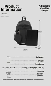 Detailed size specifications of black nylon plaid backpack with detachable coin purse