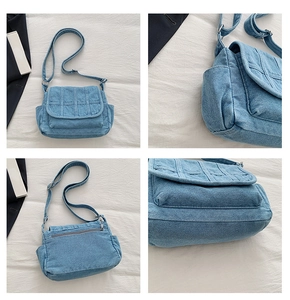 Detailed four-way view of multi-pocket vintage denim crossbody bag with adjustable straps