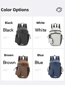 Grid view showing lightweight nylon plaid backpacks in black, white, brown, and blue colors