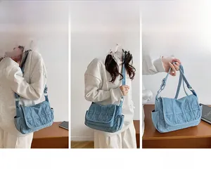 Detail showing versatile retro denim bag styles in shoulder, crossbody, and handbag views