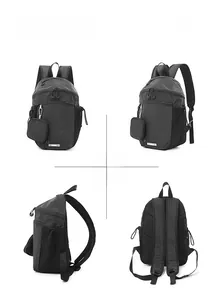 Detailed four-view display of a plaid waterproof nylon backpack with a small hanging pouch
