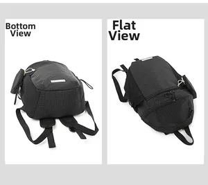 Detailed bottom and flat lay view of a black checkered nylon backpack with small pouch