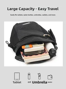 Detail view of large capacity plaid nylon backpack showing main compartment with laptop and books