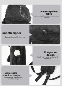 Details of waterproof checkered nylon backpack showing zippers, side pockets and straps