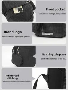 Detail of waterproof nylon backpack with plaid texture, zipper pocket, and reflective logo