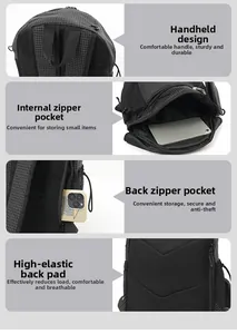 Detail view of nylon plaid backpack with padded straps and hidden anti-theft back pocket