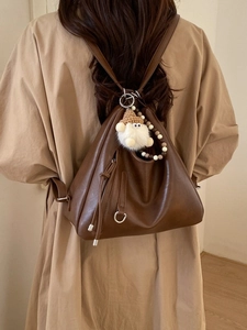 Retro dark brown PU leather tote and backpack for women with plush pendant and beads
