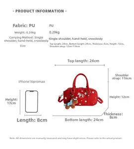 Detailed view of red star print pillow bag with pony charm and dimensions