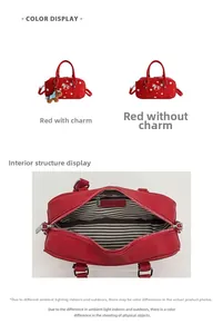 Detail of red pillow bag with star patterns and cute rocking horse charms