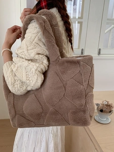Large plush tote bag in light coffee with geometric patterns for autumn winter outfits