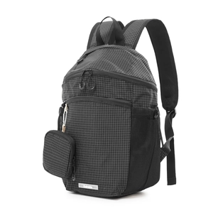 Detail of waterproof nylon backpack with plaid pattern and detachable mini coin purse