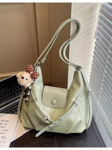Vintage light green PU leather shoulder bag with a cute plush dog pendant and beads