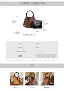 Size chart showing dimensions for the suede bucket bag set with crossbody chain strap