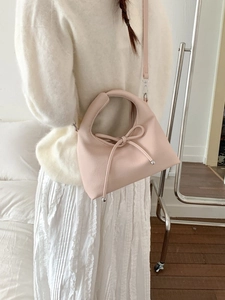 French retro pink dumpling handbag with bow drawstring and detachable shoulder strap