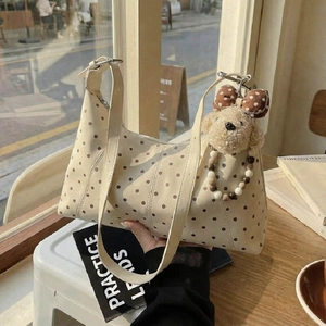 Women Casual Polka Dot Shoulder Bag Retro PU Leather Hobo Bag Large Capacity Crossbody Bag With Teddy Bear Pendant