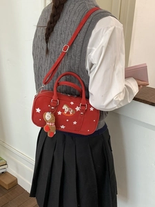 Retro red pillow bag with star and rocking horse embroidery and monkey charm